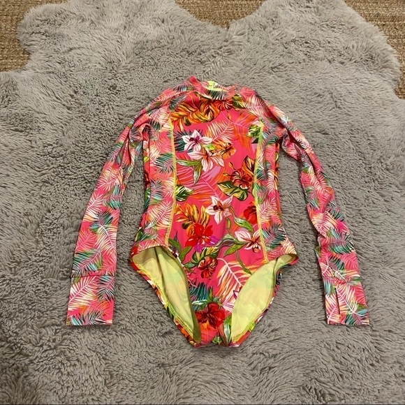 Hobie Girls Flor All Nothing One-Piece Rashguard Swimsuit 8/10 Tropical pink - Picture 2 of 8